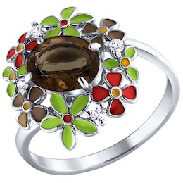 Серебряное кольцо с эмалью, фианитами и раухтопазом 92010247