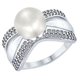 Серебряное кольцо с жемчугом и фианитами 94012348