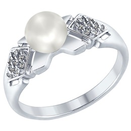Серебряное кольцо с жемчугом и фианитами 94012352