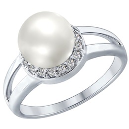 Серебряное кольцо с жемчугом и фианитами 94012353