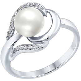 Серебряное кольцо с фианитами и жемчугом 94012557
