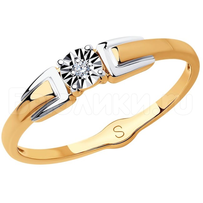 Кольцо из комбинированного золота с алмазной гранью с бриллиантом 1011724