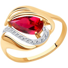 Кольцо из золота с красным корунд (синт.) и фианитами 37714706