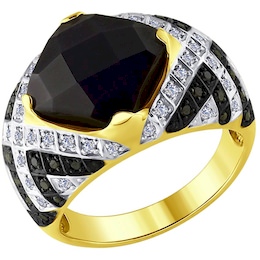 Кольцо из желтого золота с бесцветными и чёрными бриллиантами и чёрным керамической вставкой 6015048-2