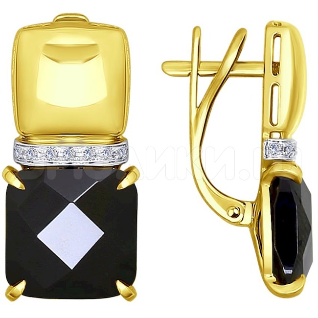 Серьги из желтого золота с бриллиантами и чёрными керамическими вставками 6025027-2