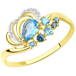 Кольцо из желтого золота с голубыми и синими топазами и фианитами 715046-2