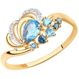 Кольцо из золота с голубыми и синими топазами и фианитами 715046