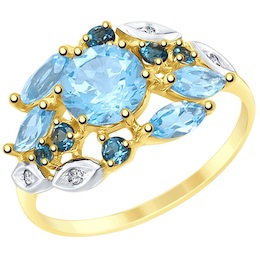 Кольцо из желтого золота с голубыми и синими топазами и фианитами 715086-2