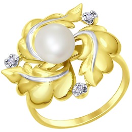 Кольцо из желтого золота с бриллиантами и жемчугом 8010054-2