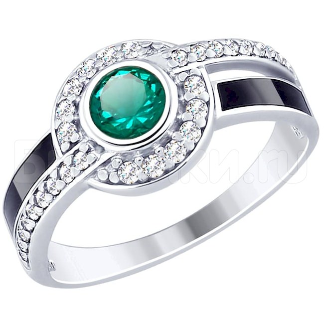 Кольцо из серебра с эмалью и зелёным ситаллом и фианитами 92011498