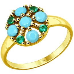 Кольцо из золочёного серебра с голубыми ситаллами и фианитами 93010762