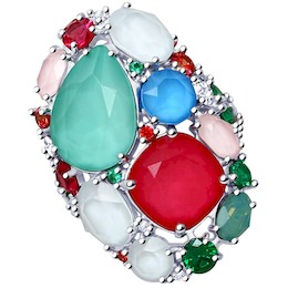 Кольцо из серебра с голубыми, зелёным и розовыми кристаллами Swarovski и фианитами 94012485