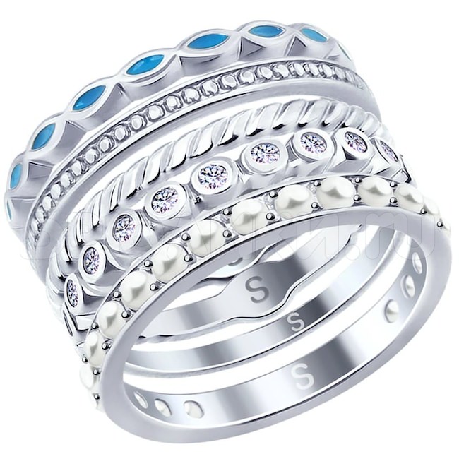 Кольцо из серебра с эмалью и жемчугом Swarovski и фианитами 94012615