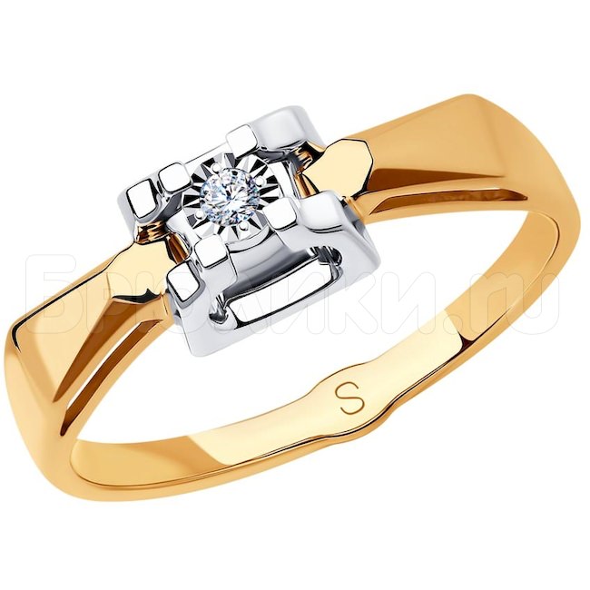 Кольцо из комбинированного золота с алмазной гранью с бриллиантом 1011734