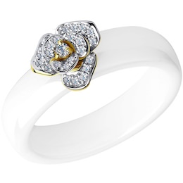 Кольцо из желтого золота с бриллиантами и белыми керамическими вставками 6015009-2