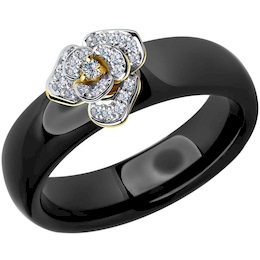 Кольцо из желтого золота с бриллиантами и чёрными керамическими вставками 6015021-2