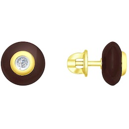 Серьги из желтого золота с бриллиантами и коричневыми керамическими вставками 6025064