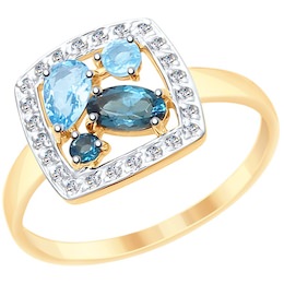 Кольцо из золота с голубыми и синими топазами и фианитами 715232