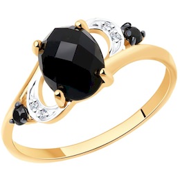 Кольцо из золота с чёрным агатом и бесцветными и чёрными фианитами 715238