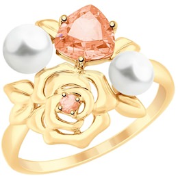 Кольцо из золота с жемчугом и розовыми ситаллами 791081