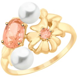 Кольцо из золота с жемчугом и розовыми ситаллами 791098