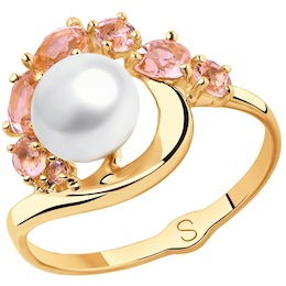 Кольцо из золота с жемчугом и розовыми ситаллами 791105