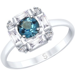Кольцо из серебра с синим топазом и фианитами 92011682