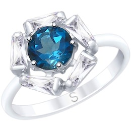 Кольцо из серебра с синим топазом и фианитами 92011685
