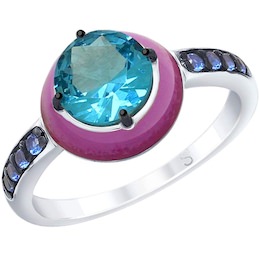 Кольцо из серебра с эмалью с синим ситаллом и синими фианитами 92011693