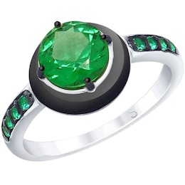 Кольцо из серебра с эмалью с зелёным ситаллом и зелеными фианитами 92011695