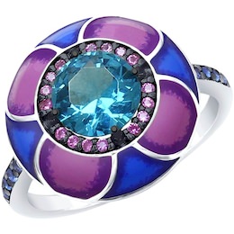 Кольцо из серебра с эмалью с синим ситаллом и синими и сиреневыми фианитами 92011696