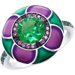 Кольцо из серебра с эмалью с зелёным ситаллом и зелеными и сиреневыми фианитами 92011698
