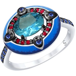 Кольцо из серебра с эмалью с синим ситаллом и красными и синими фианитами 92011699