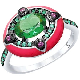 Кольцо из серебра с эмалью с зелёным ситаллом и зелеными и сиреневыми фианитами 92011701