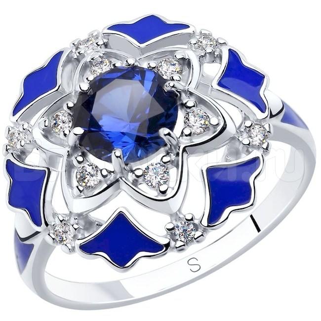 Кольцо из серебра с эмалью и синими корундами и фианитами 92011771