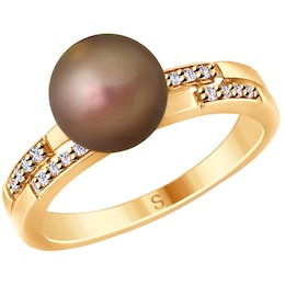 Кольцо из золочёного серебра с коричневым жемчугом Swarovski и фианитами 93010779
