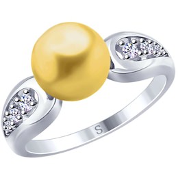 Кольцо из серебра с жёлтым жемчугом Swarovski и фианитами 94012679