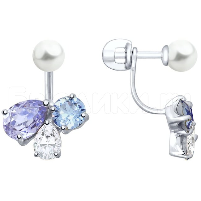 Серьги из серебра с жемчугом Swarovski и бесцветными, синими и сиреневыми кристаллами Swarovski 94023008