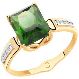 Кольцо из золота с зелёным ситаллом и фианитами 715414