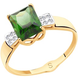 Кольцо из золота с зелёным ситаллом и фианитами 715415