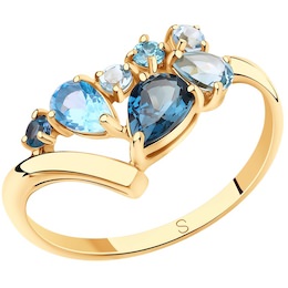 Кольцо из золота с голубыми и синим топазами и фианитами 715675