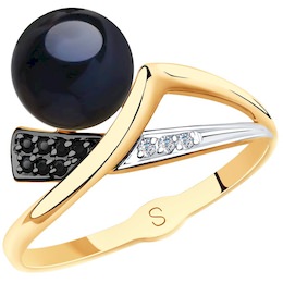 Кольцо из золота с чёрным жемчугом и фианитами 791141