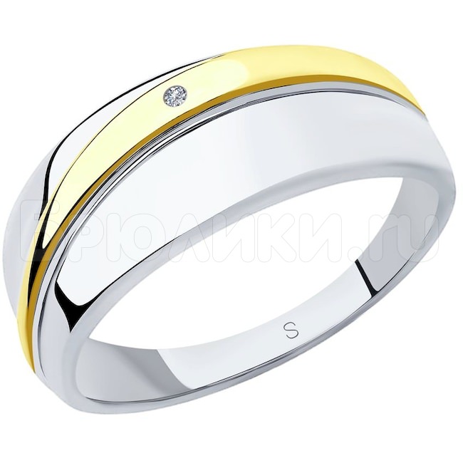 Кольцо из золочёного серебра с бриллиантом 87010030