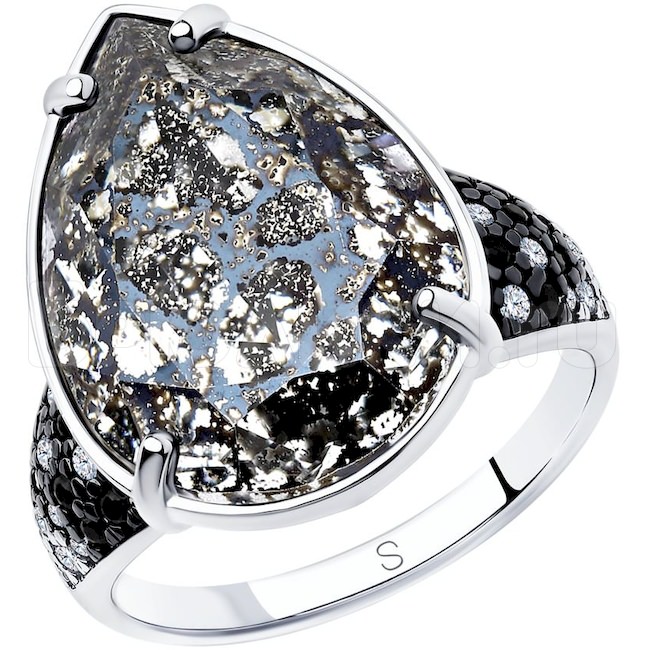 Кольцо из серебра с чёрным кристаллом Swarovski и фианитами 94012983