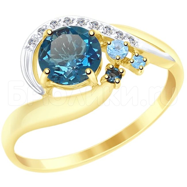 Кольцо из желтого золота с голубыми и синими топазами и фианитами 715048-2
