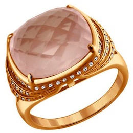 Кольцо из золочёного серебра с розовым агатом и фианитами 92010945