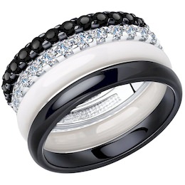 Кольцо из серебра с белыми и чёрными керамическими вставками и фианитами 94013020