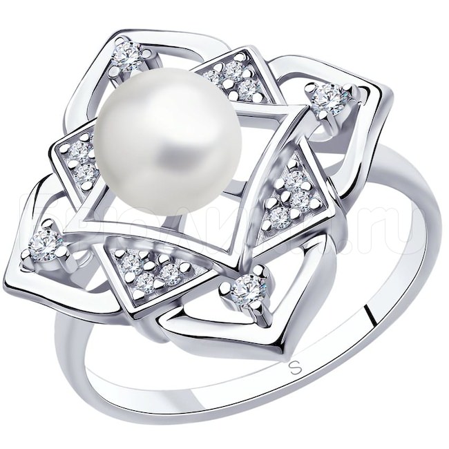 Кольцо из серебра с жемчугом и фианитами 94013065